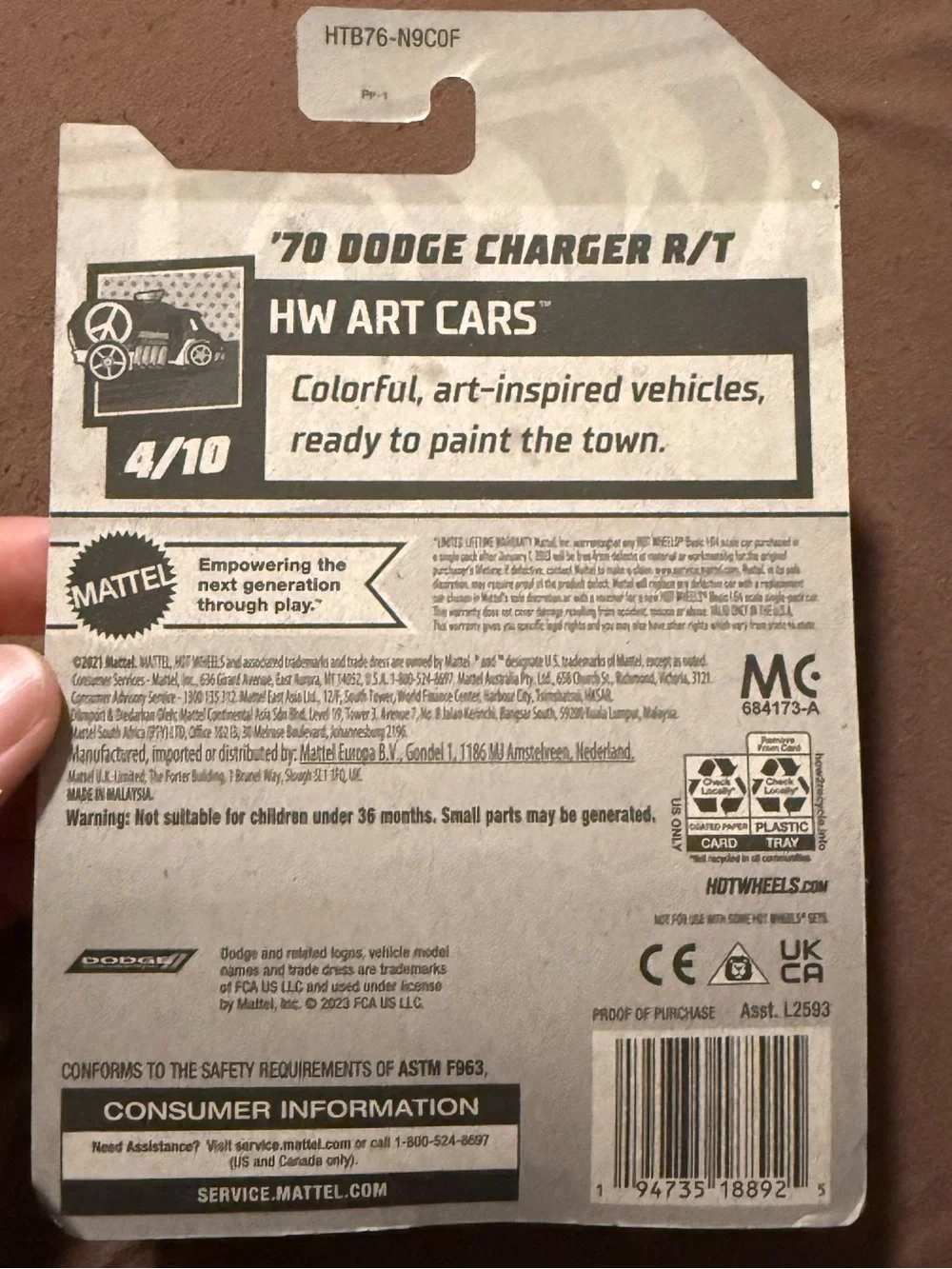 Hot Wheels ’70 Dodge Charger R/T HW Art Cars 4/10 108/250 New Sealed